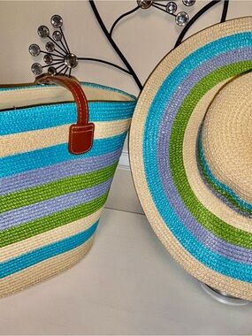Striped Straw Sun Hat and Tote Set in Turquoise, Lavender, Lime, and Natural